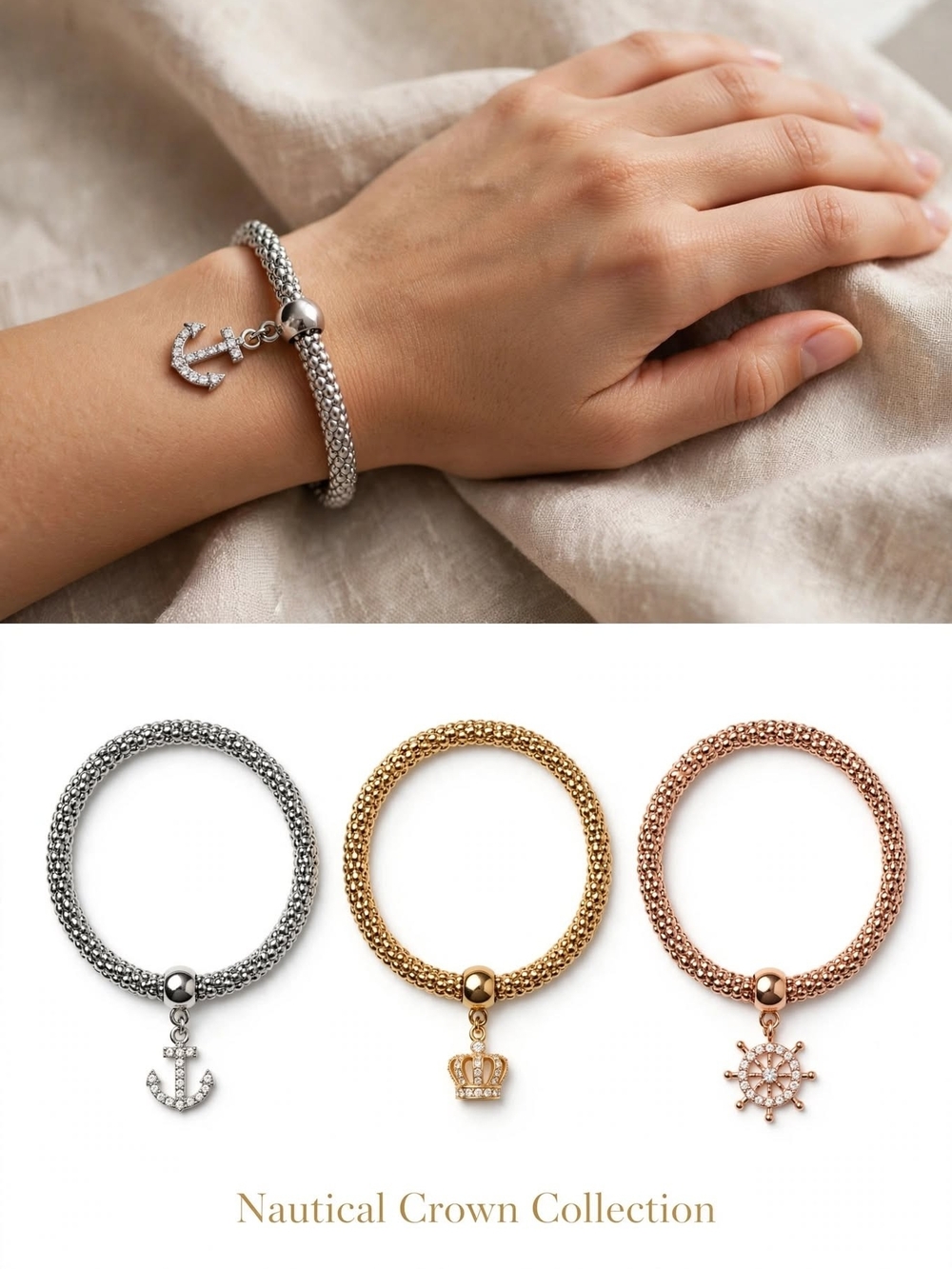 Nautical Crown Collection Silver Anchor Charm Bracelet